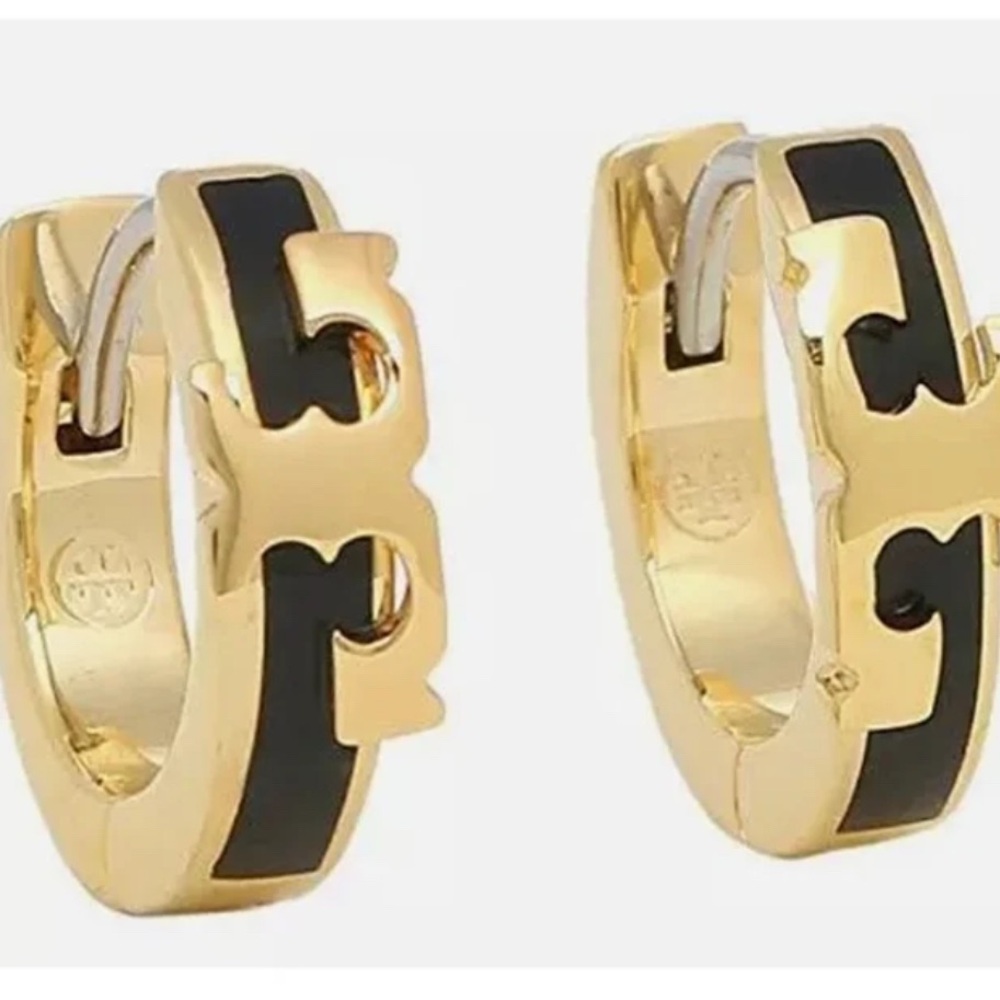 New Tory Burch KIRA ENAMEL HUGGIE EARRING; Gold and Black